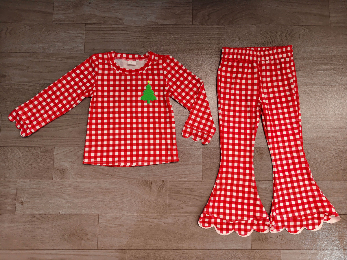 No moq Preorder Baby Girls Kids Embroidery Christmas Tree Scallop Tops Red Plaid Pants Set