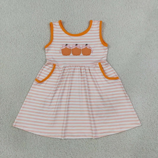 Baby Girls Kids Embroidery Pumpkins Bows Stripes Pockets Dress Fall Clothe