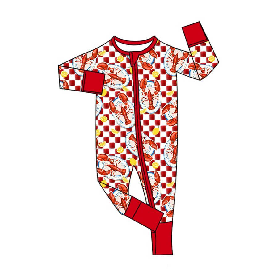 Moq 5 Preorder Baby Toddler Kids Crayfish Red Checked Zipper Footie Romper Clothes
