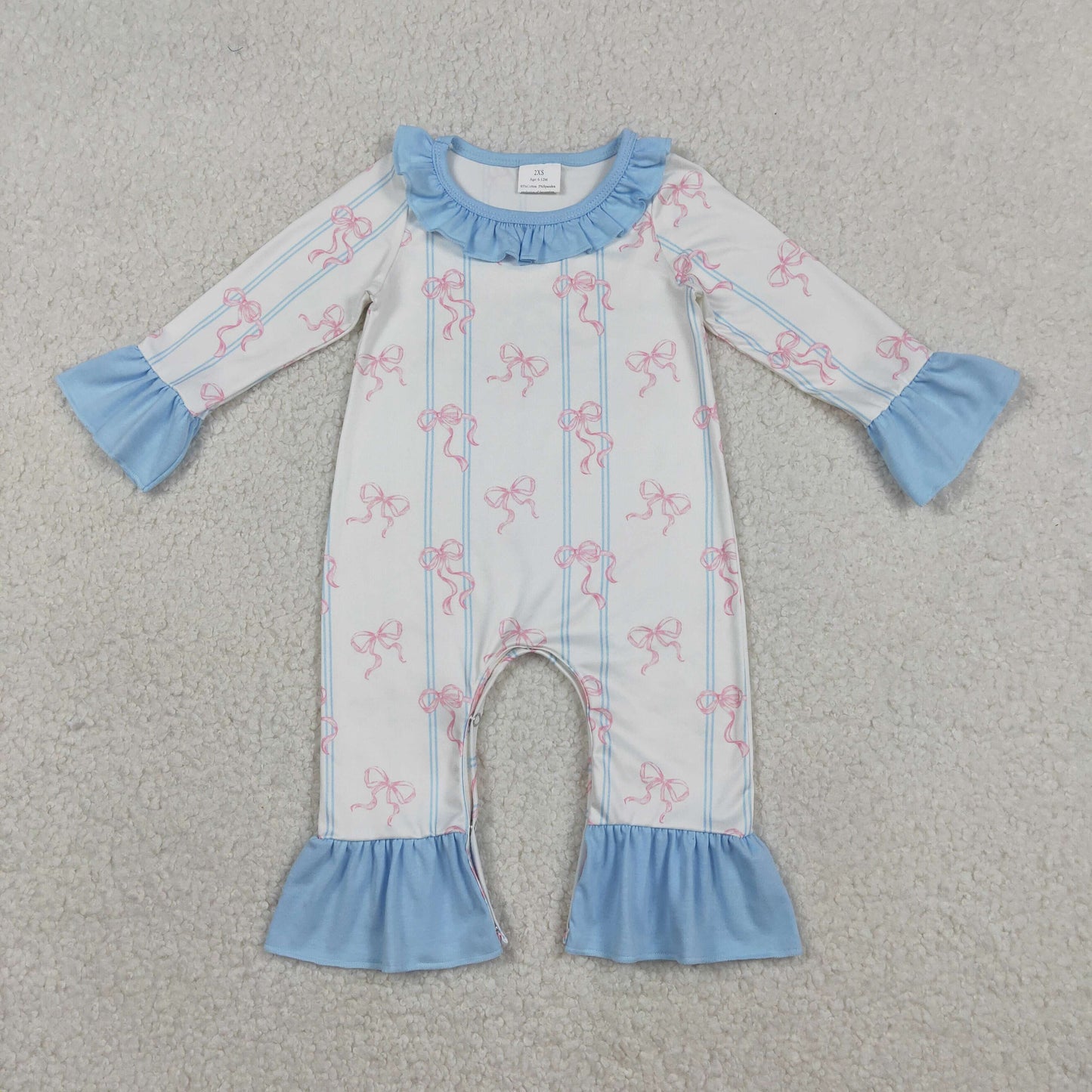 Baby Girls Infant Long Sleeves Bows Stripes Blue Ruffle Romper
