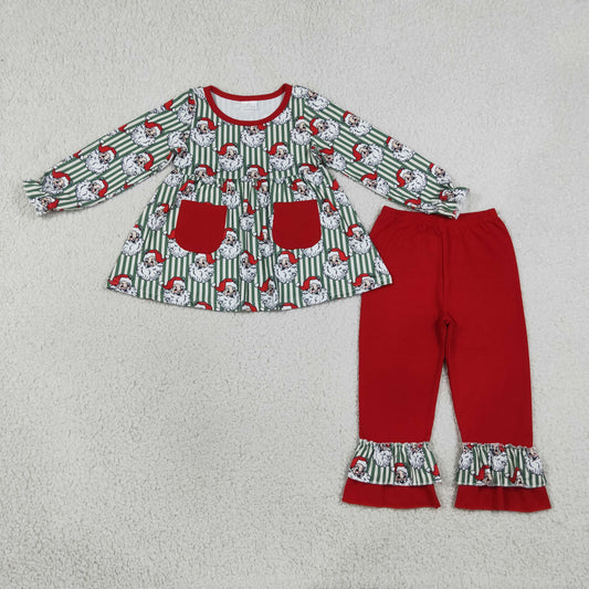 Baby Girl Kids Christmas Santa Stripes Pockets Tunic Red Ruffle Pants Set Clothes
