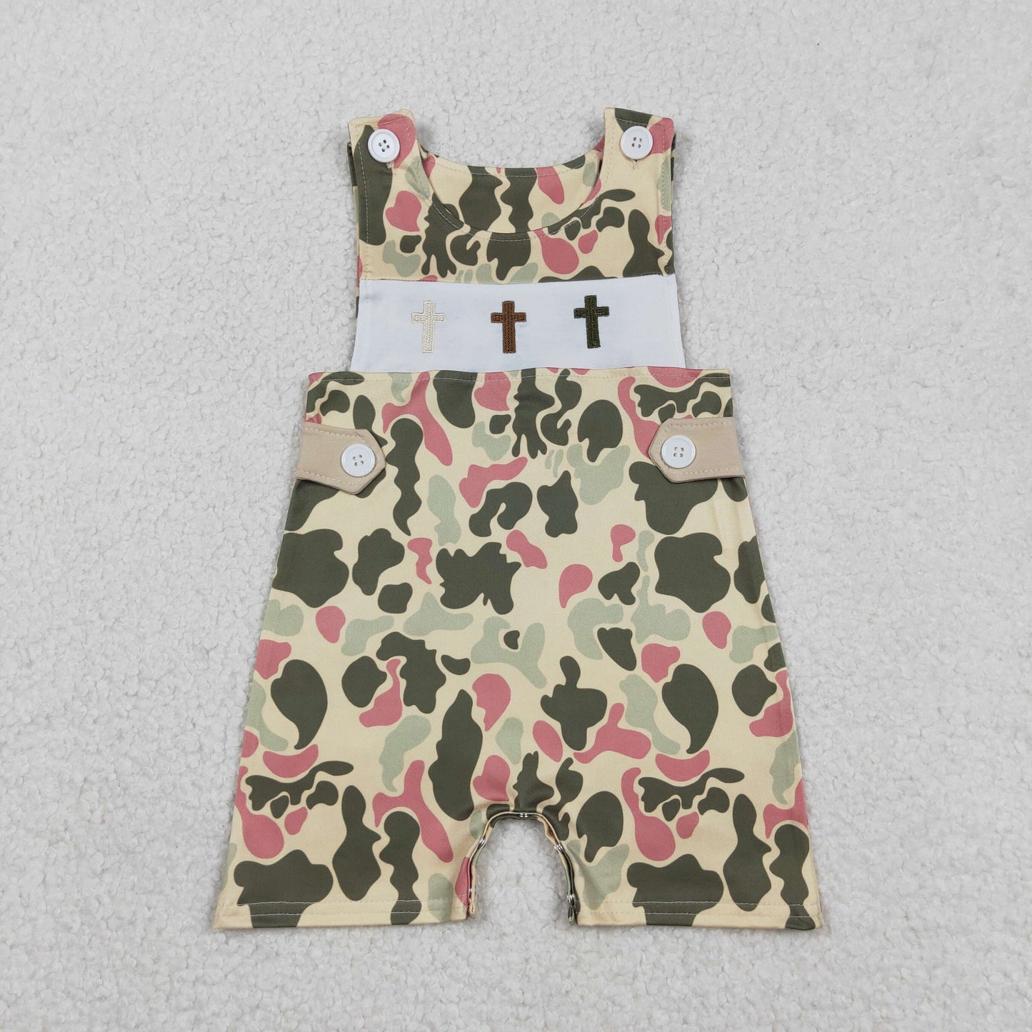 Baby Boys Sleeveless Embroidery Crosses Easter Camo Romper