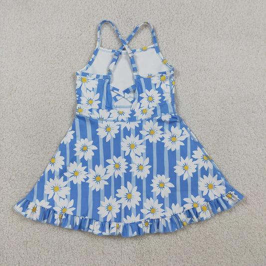 RTS Baby Girls Kids Sleeveless Flower Blue Stripes Yoga Knee Length Yoga Dress