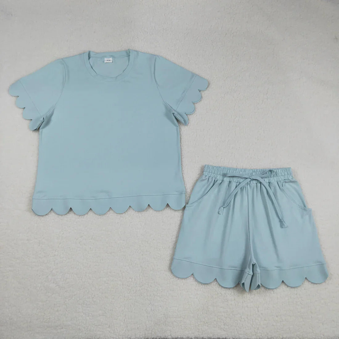 RTS Sibling Baby Girls Adult Women Short Sleeves Blue Cotton Shirts Shorts Scallop Sets Summer Clothes