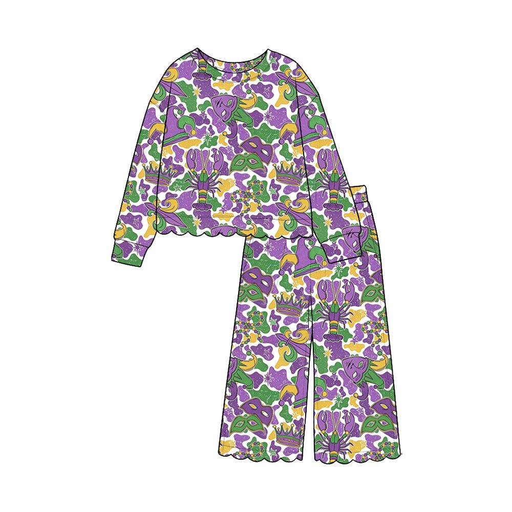 Moq 5 Preorder Baby Girls Kids Masks Crawfish Shirt Camo Pants Scallop Set Mardi Gras Clothes