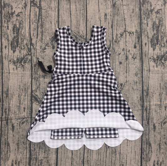 Preorder Baby Girls Kids Sleeveless Black Plaid Scallop Yoga Knee Length Dress