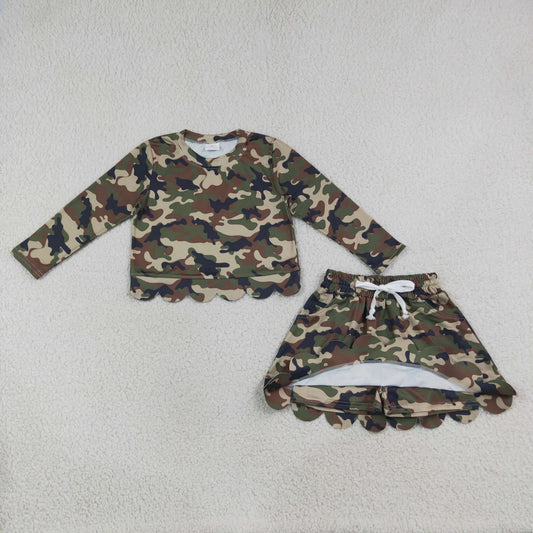 Baby Girls Kids Long Sleeves Shirt Green Camo Scallop Pockets Skirt Shorts Set Clothes