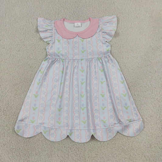 Sibling Baby Girls Kids Short Sleeves Flower Scallop Dress Set