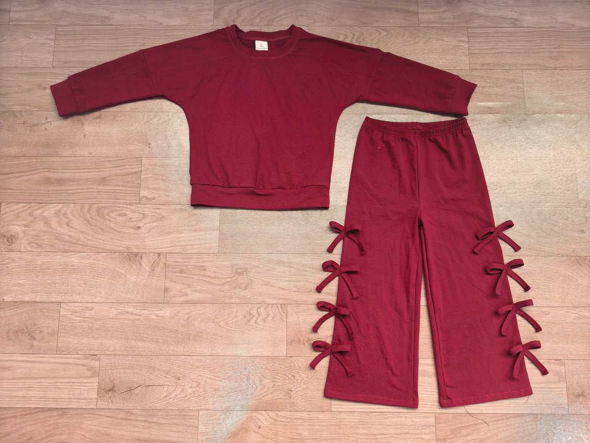 No moq Preorder Baby Girls Kids Long Sleeves Dark Red Shirt Bows Pants Set Cotton Clothes