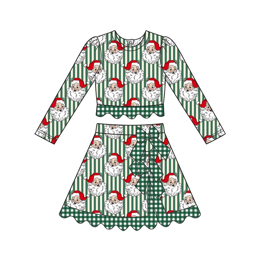 Moq 5 Preorder Baby Girls Green Stripes Santa Shirt Bows Scallop Skirt Shorts Christmas Set Clothes