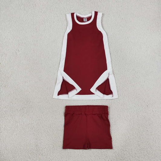 Baby Girls Kids Sleeveless Tops Dark Red Pockets Shorts Set Yoga Clothes