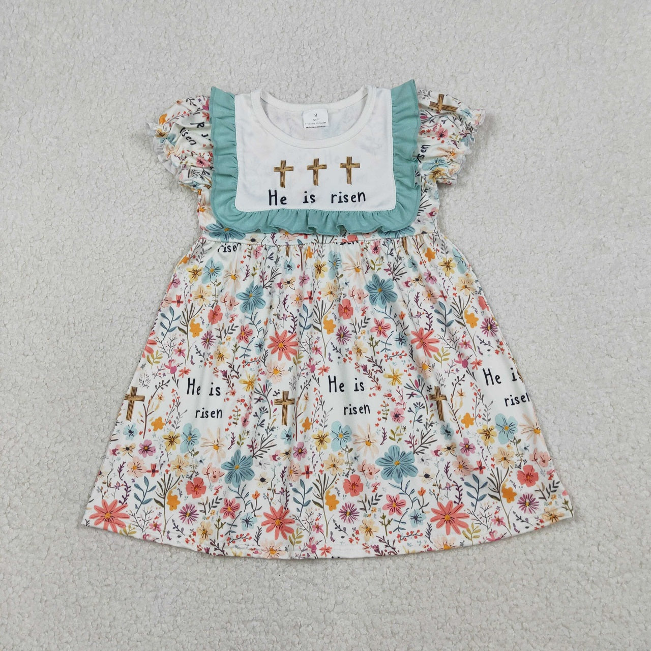RTS Sibling Baby Girls Short Sleeves Crosses Flower Easter Romper Knee Length Dress