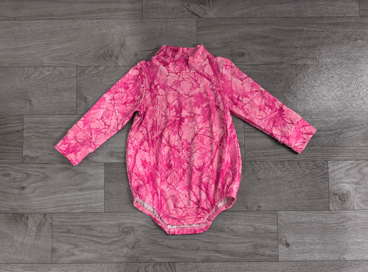 No moq Preorder Baby Girls Infant Pink Long Sleeves Leaves Bubble Romper Camo Clothes