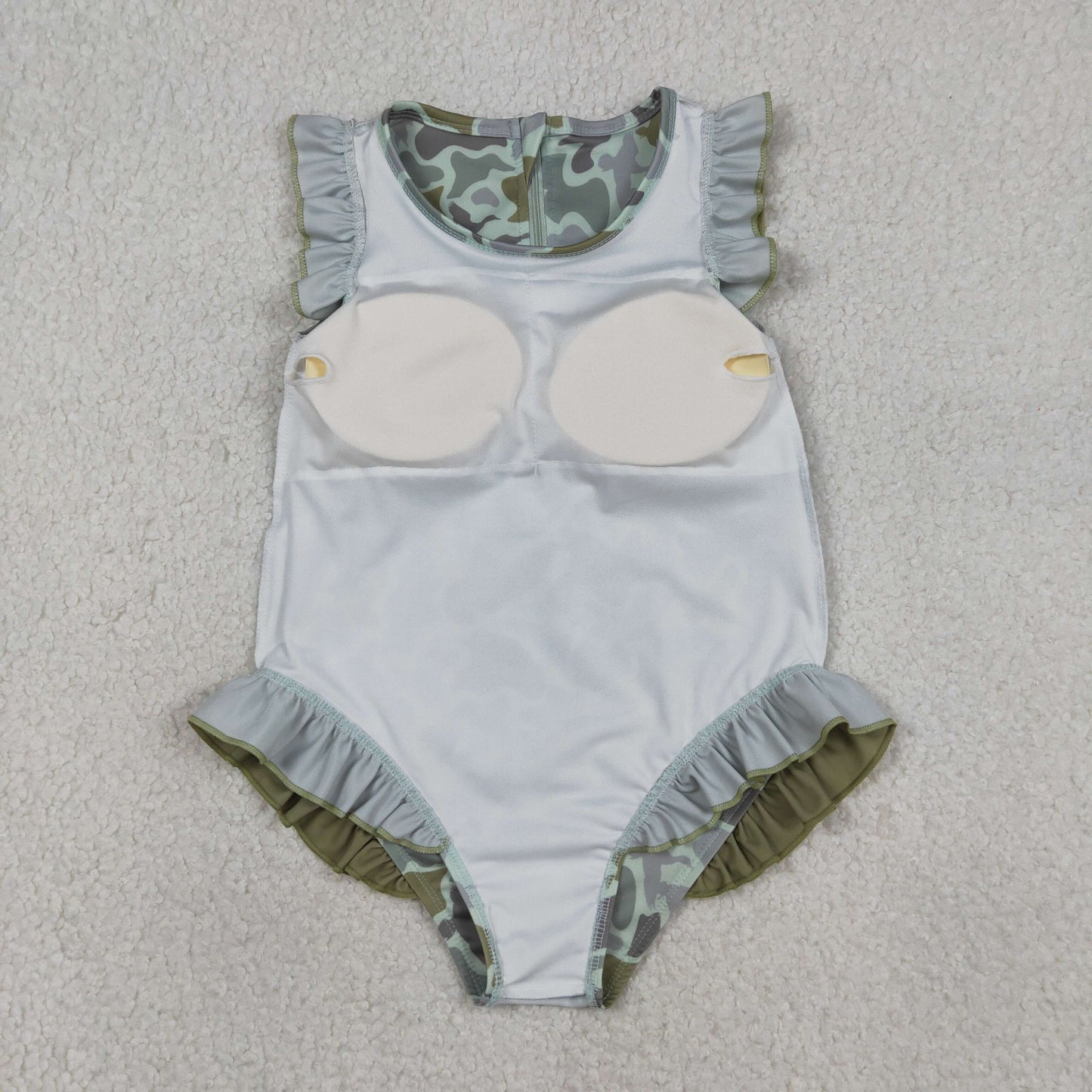 RTS Baby Girls Kids Short Sleeves Ducks Camo Green Ruffle One-piece Swimsuit