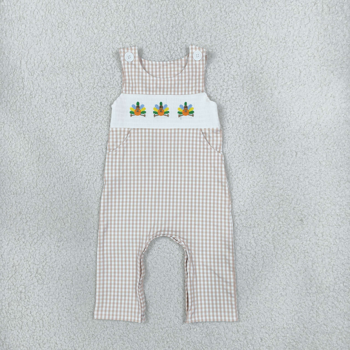 Baby Boy Infant Embroidery turkey Plaid Pockets Thanksgiving Fall Romper