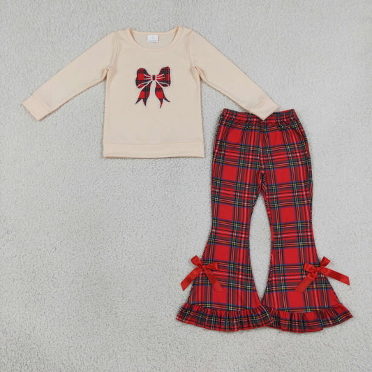Baby Girls Kids Embroidery Christmas Bows Tunic Plaid Pants Set Clothes