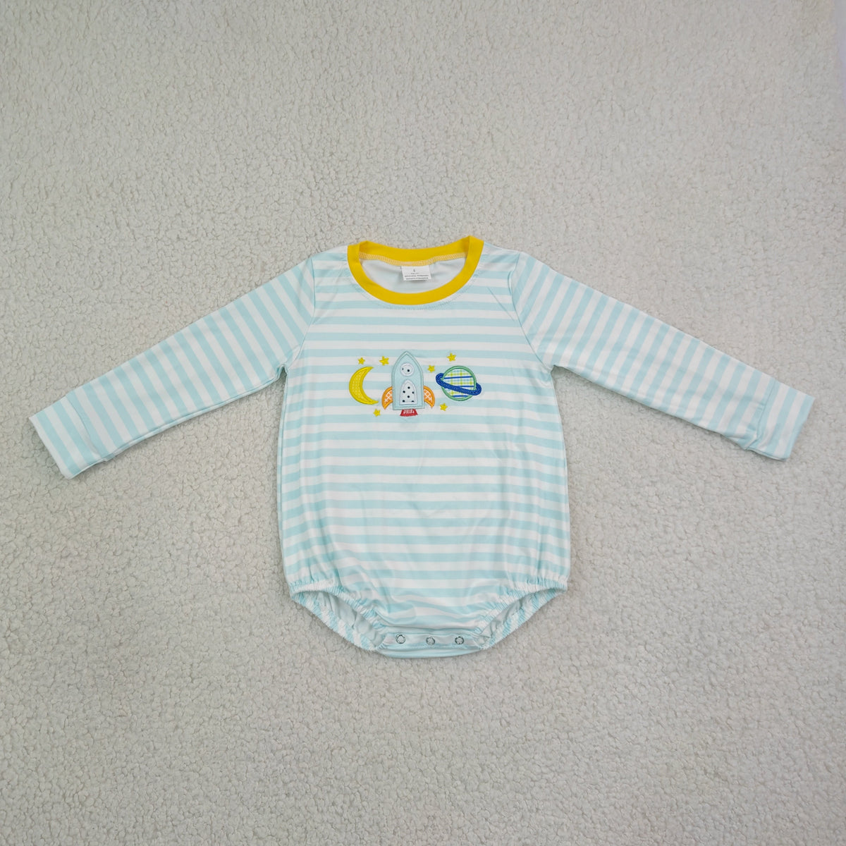Baby Boys Infant Long Sleeves Blue Stripes Embroidery Bubble Romper Clothes