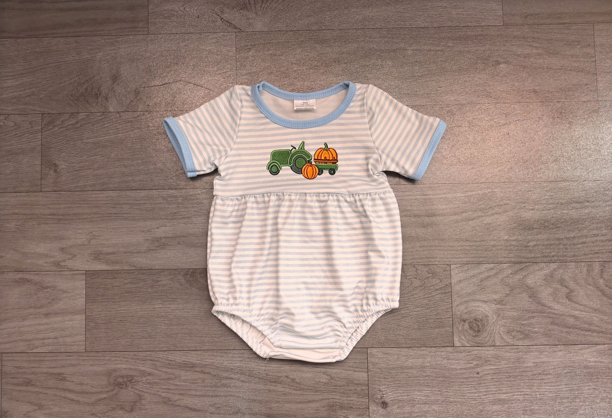 No moq Preorder Baby Boys Kids Embroidery Pumpkin Tractor Blue Stripes Fall Romper Clothes