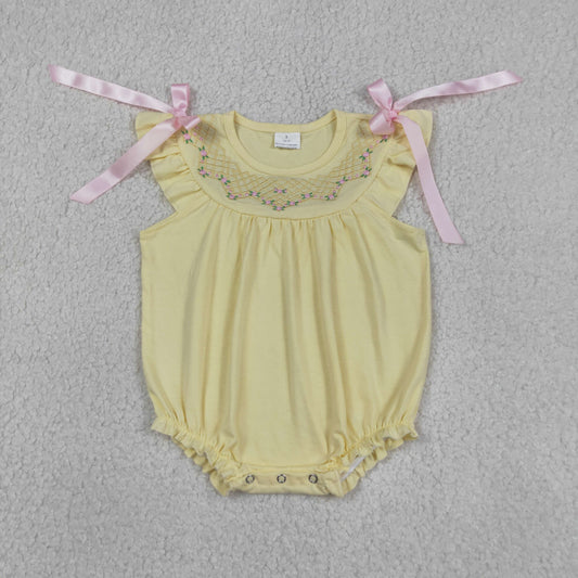 Baby Girls Infant Short Sleeves Embroidery Floral Bows Summer Bubble Yellow Romper