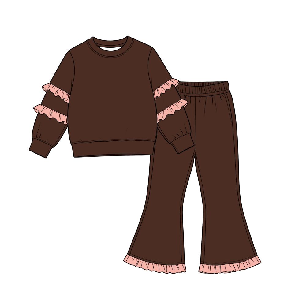Moq 5 Preorder Baby Girls Kids Pink Ruffle Shirt Bell Pants Brown Set Cotton Clothes