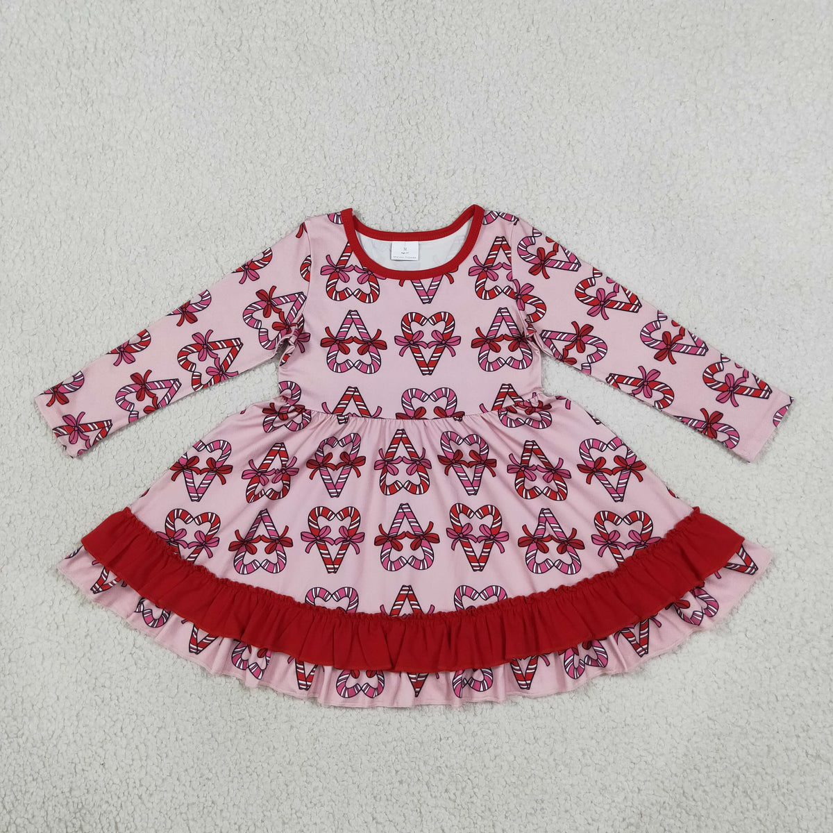 Baby Girls Kids Long Sleeves Christmas Candy Cane Bows Knee Length Dress