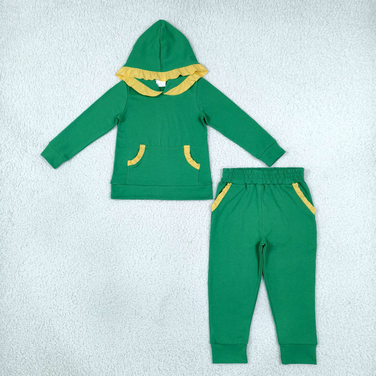 Baby Girls Kids Long Sleeves Yellow Ruffle Hoodie Pullover Pockets Pants Green Set Cotton Clothes
