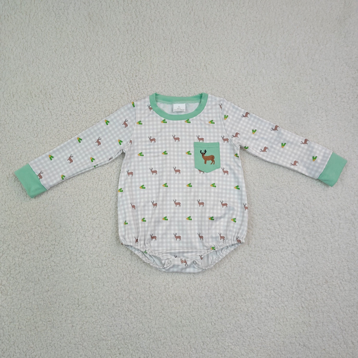 Baby Boys Infant Long Sleeves Embroidery Deer Plaid Pocket Romper Clothes