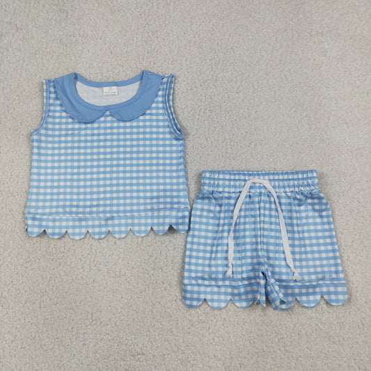 Baby Girls Kids Blue Plaid Shirt Scallop Shorts Summer Set Clothes