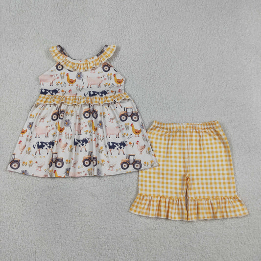 Sibling Baby Girls Kids Farm Animals Flower Ruffle Tops Plaid Shorts Summer Clothes Sets