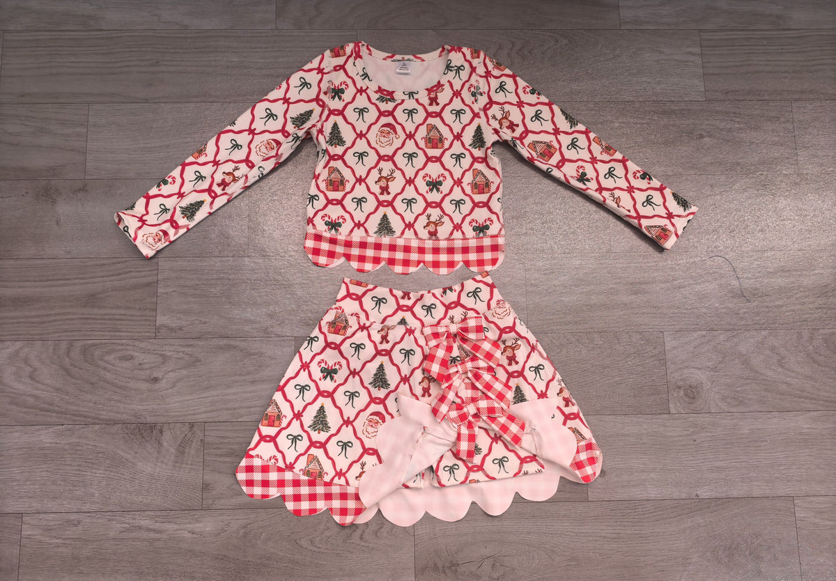 No moq Preorder Baby Girls Kids Christmas Santa Shirt Bows Scallop Skirt Shorts Yoga Active Set Clothes