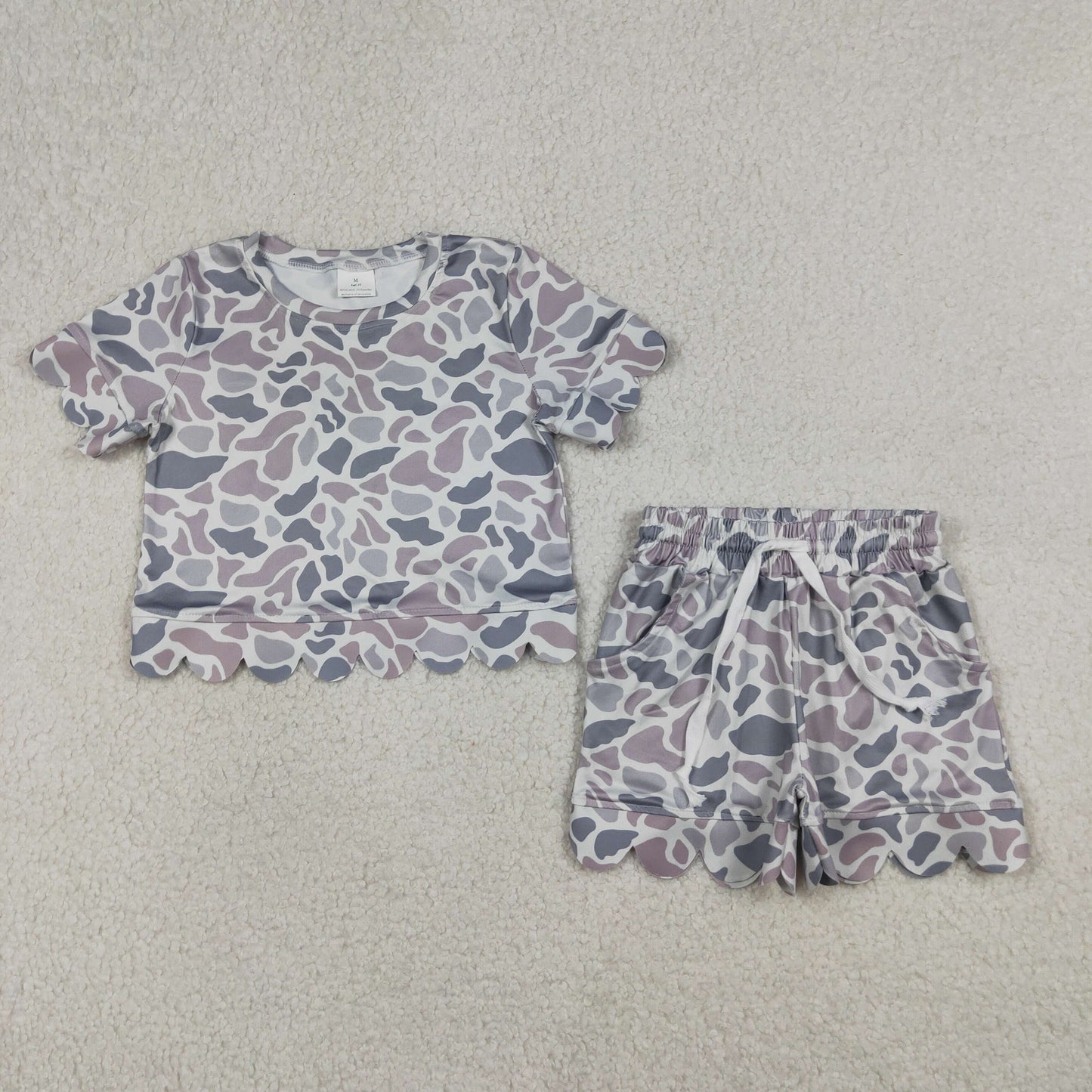 RTS Baby Girls Short Sleeves Grey Camo Shirt Scallop Shorts Summer Clothes Set