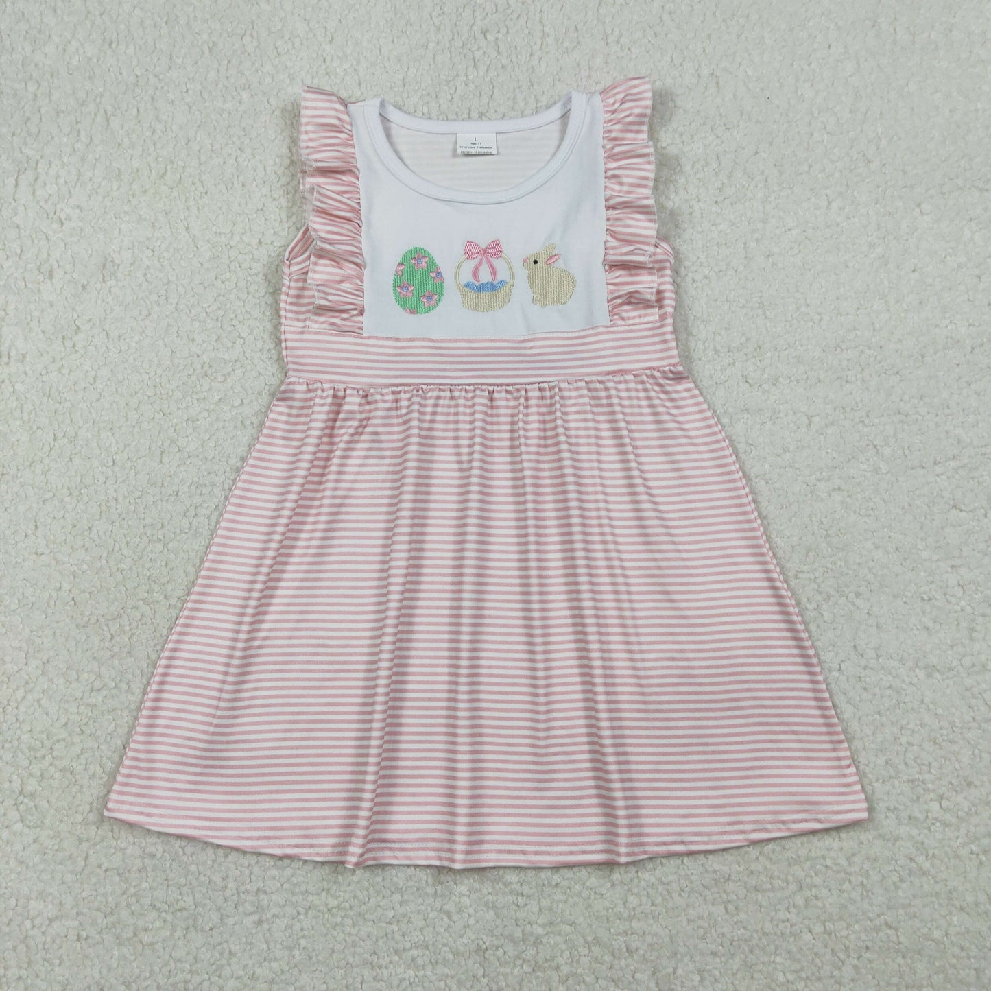 RTS Baby Girls Short Sleeves Embroidery Rabbits Eggs Easter Pink Stripes Knee Length Dress