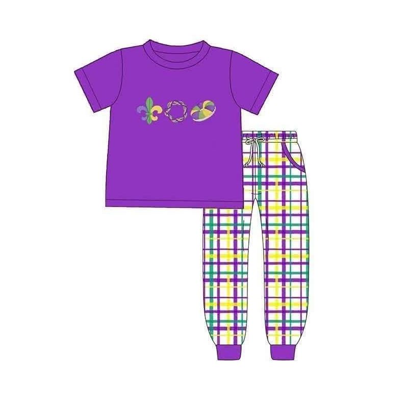 Moq 5 Preorder Baby Boys Kids Short Sleeves Purple Shirt Plaid Pockets Pants Mardi Gras Set Clothes