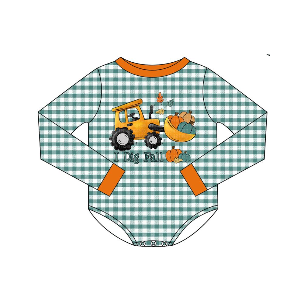 Moq 5 Preorder Baby Boys Infant Long Sleeves Pumpkins Tractor Plaid Fall Bubble Romper Clothes