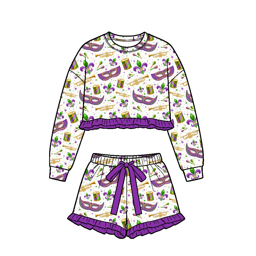 Moq 5 Preorder Baby Girls Kids Long Sleeves Masks Flower Shirt Shorts Set Mardi Gras Clothes