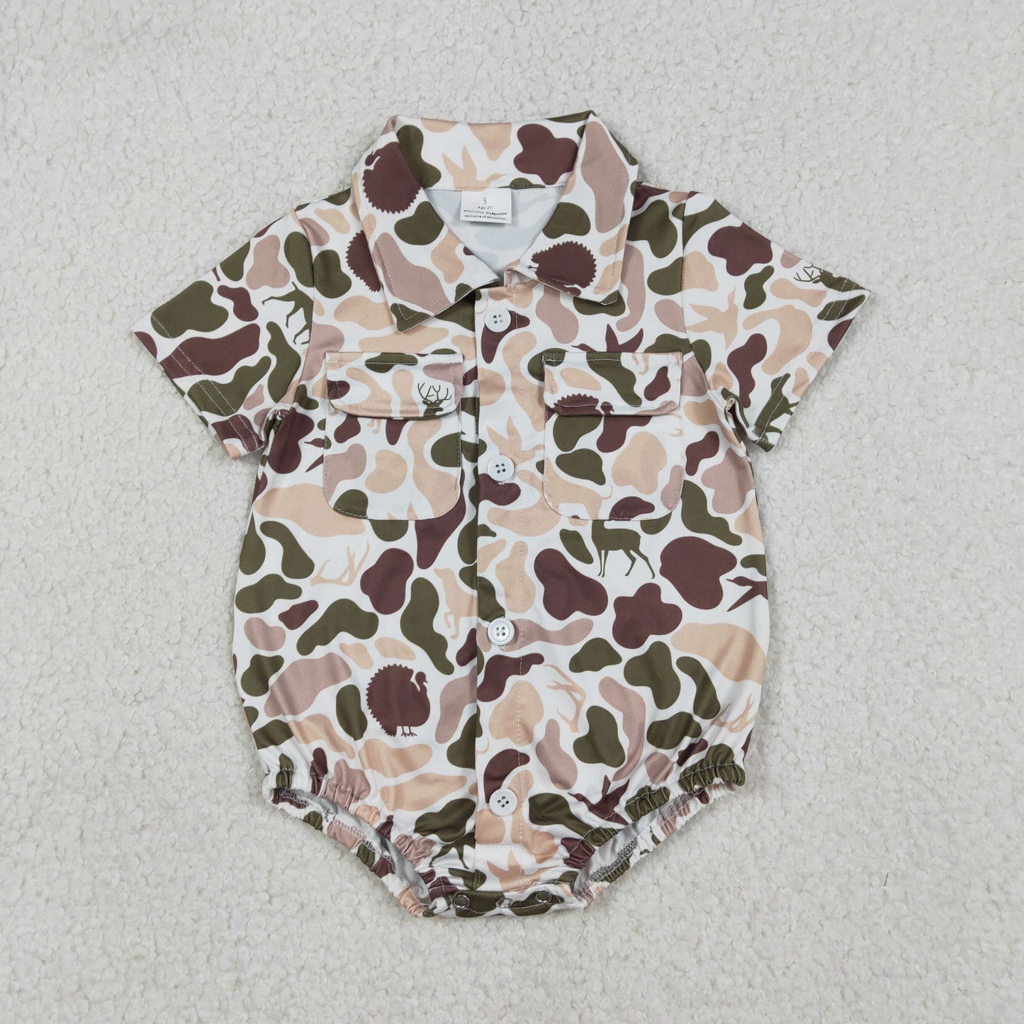 Sibling Baby Boys Infant Short Sleeves Camo Print Pockets Hunting Buttons Bubble Rompers