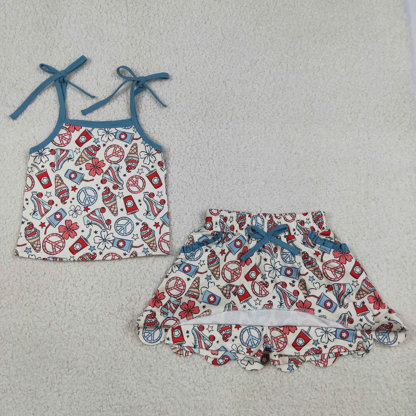 Baby Girl Kids Straps Flower Tops Pockets Skirt Shorts 4th of July Set