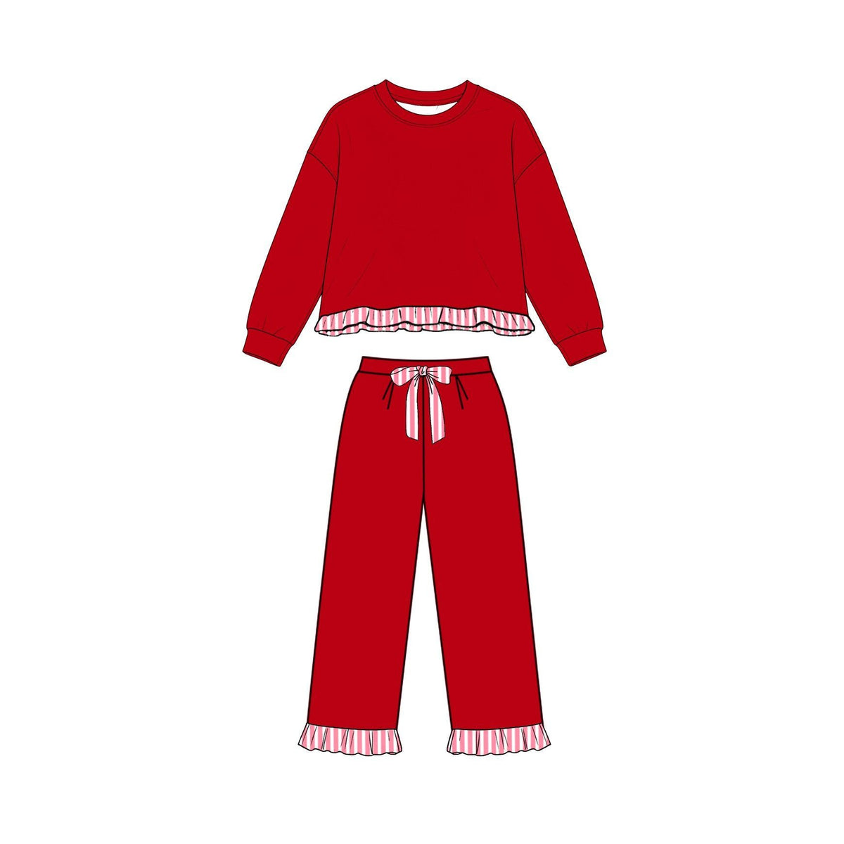 Moq 5 Preorder Baby Girls Kids Long Sleeves Red Shirt Pockets Pants Set Sweatsuit Clothes