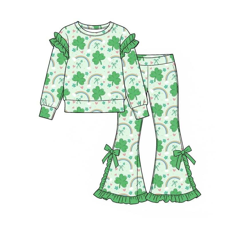 Moq 5 Preorder Baby Girls Kids Clovers Bows Tops Pants Green Set St Patrick Clothes