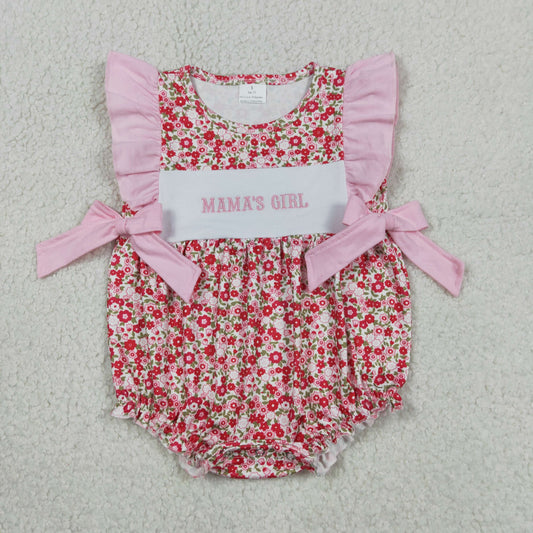 Sibling Baby Girls Infant Embroidery Mama's Daddy's Floral Pink Bows Bubble Rompers
