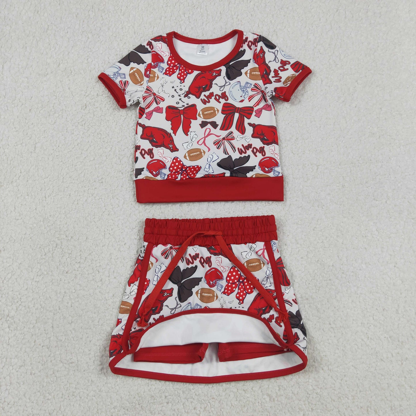 Sibling Baby Girls Toddler Short Sleeves Bows Football Team Shirts Shorts Yoga Sets
