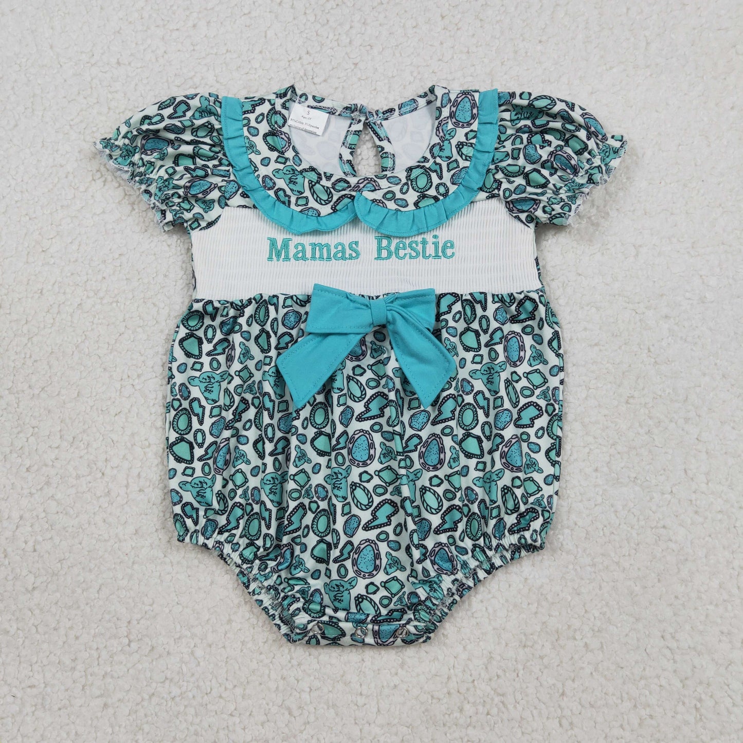 RTS Baby Girls Embroidery Smocked Mama's Bestie Turquoise Print Green Bows Western Summer Bubble Romper