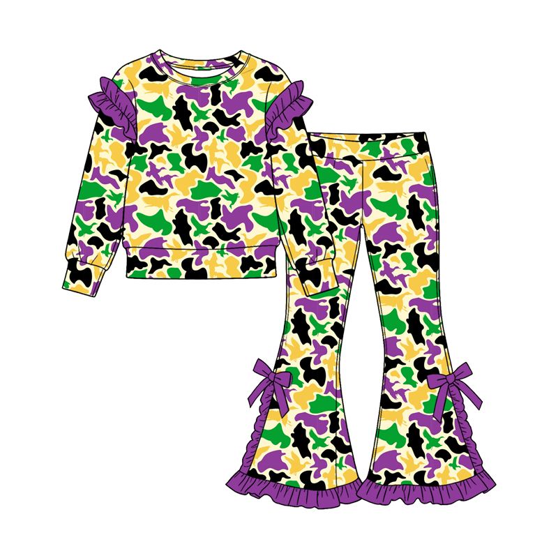 Moq 5 Preorder Baby Girls Kids Long Sleeves Ducks Camo Shirt Bows Pants Set Mardi Gras Clothes