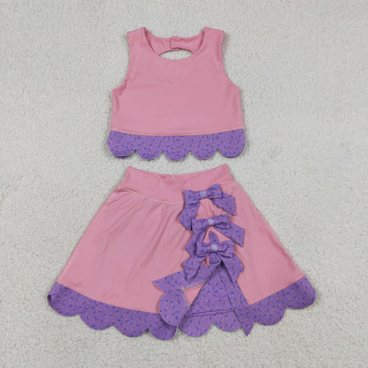 Baby Girls Kids Sleeveless Pink Tops Purple Bows Skirt Shorts Yoga Clothes Set