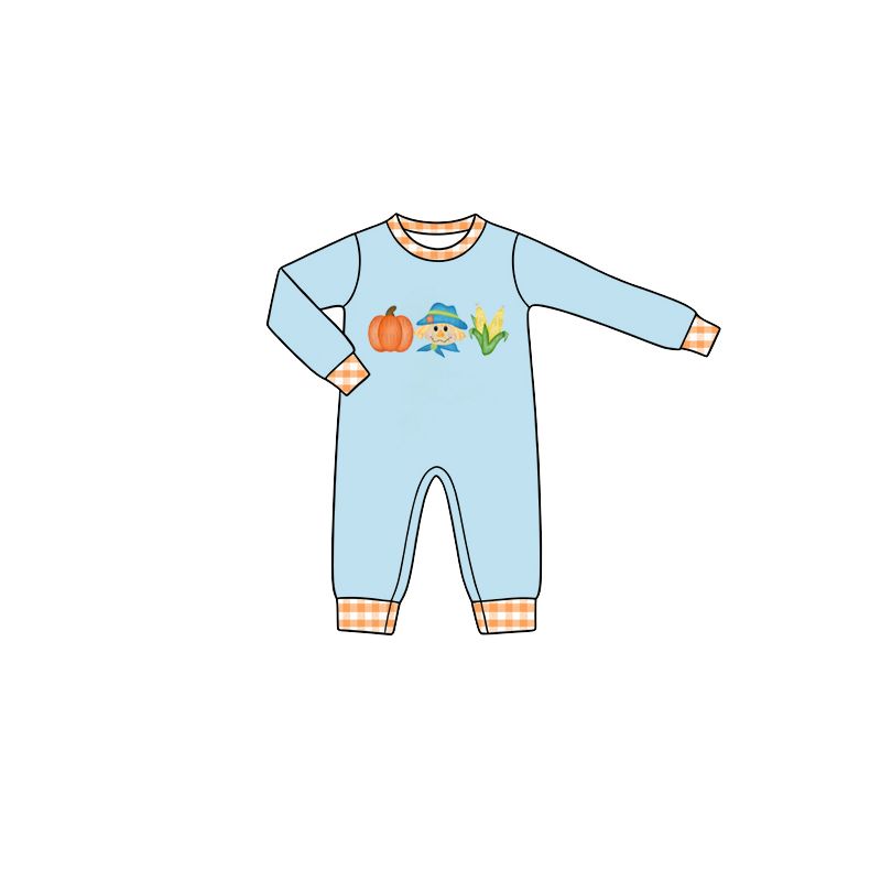 Moq 5 Preorder Baby Boy Infant Long Sleeves Pumpkins Thanksgiving Blue Romper Clothes