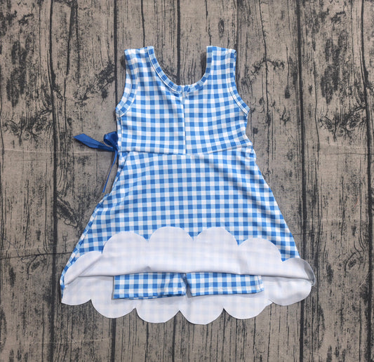 Preorder Baby Girls Kids Sleeveless Blue Plaid Scallop Yoga Knee Length Dress