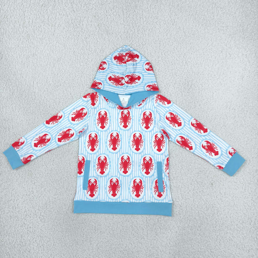 Baby Boys Kids Long Sleeves Crayfish Blue Stripes Pockets Pullover Hoodie Shirt Clothes