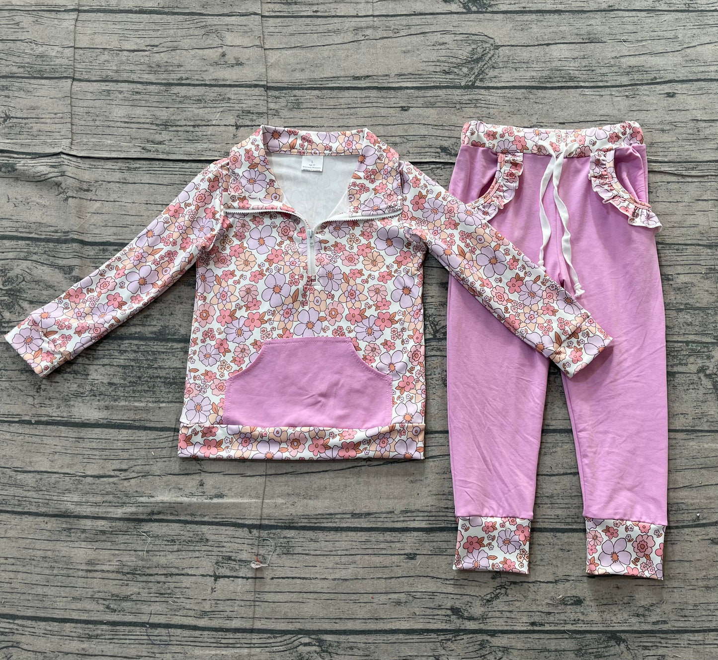 RTS Baby Girls Long Sleeves Flower Zipper Shirt Pockets Purple Pants Clothes Set