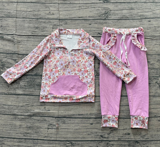 RTS Baby Girls Long Sleeves Flower Zipper Shirt Pockets Purple Pants Clothes Set