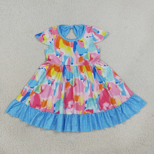 Baby Girl Short Sleeves Tie Dye Pockets Ruffle Knee Length Dress